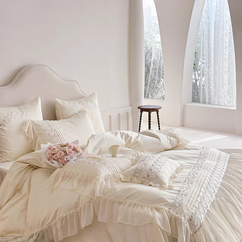 Afralia™ Flowers Embroidery Princess Wedding Lace Bedding Set 1200TC Cotton Duvet Cover Flat Sheet Pillowcases