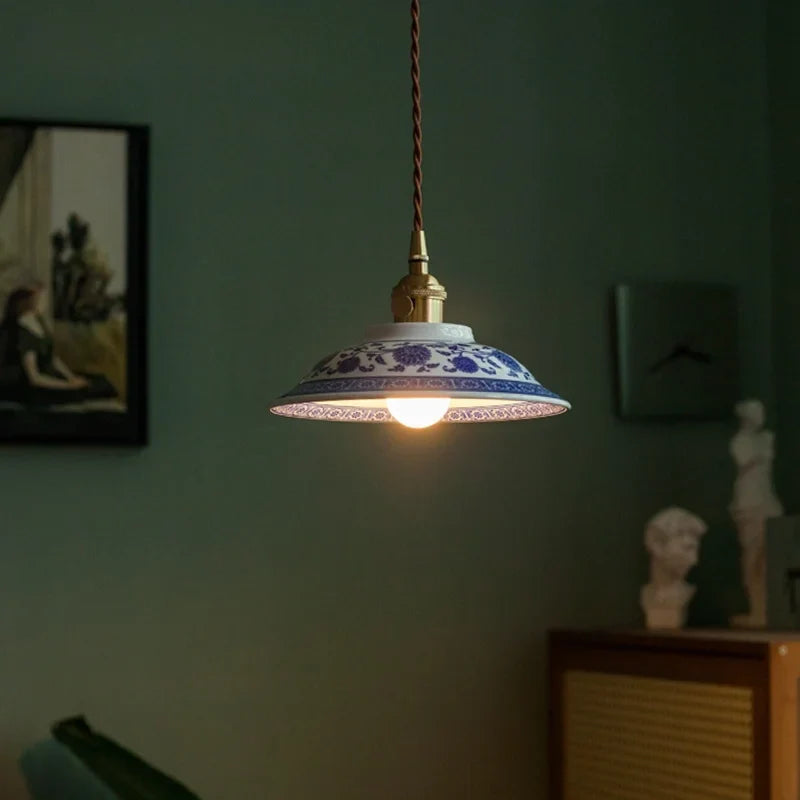 Afralia™ Patterned Ceramics LED Pendant Lights Vintage Copper Hanging Lamp