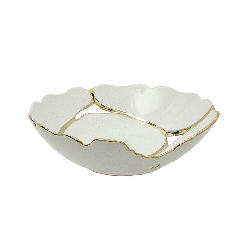 Afralia™ Ceramic Fruit Platter with Golden Crack Design and Wire Tray.