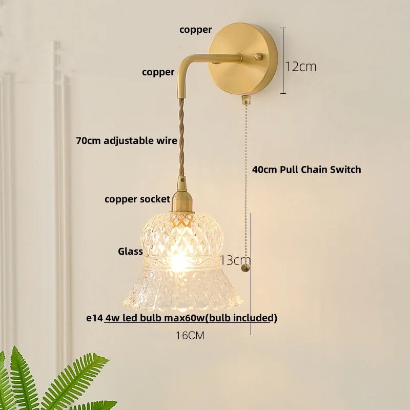 Afralia™ Flower Glass LED Wall Sconce Pull Chain Switch Modern Bathroom Mirror Light