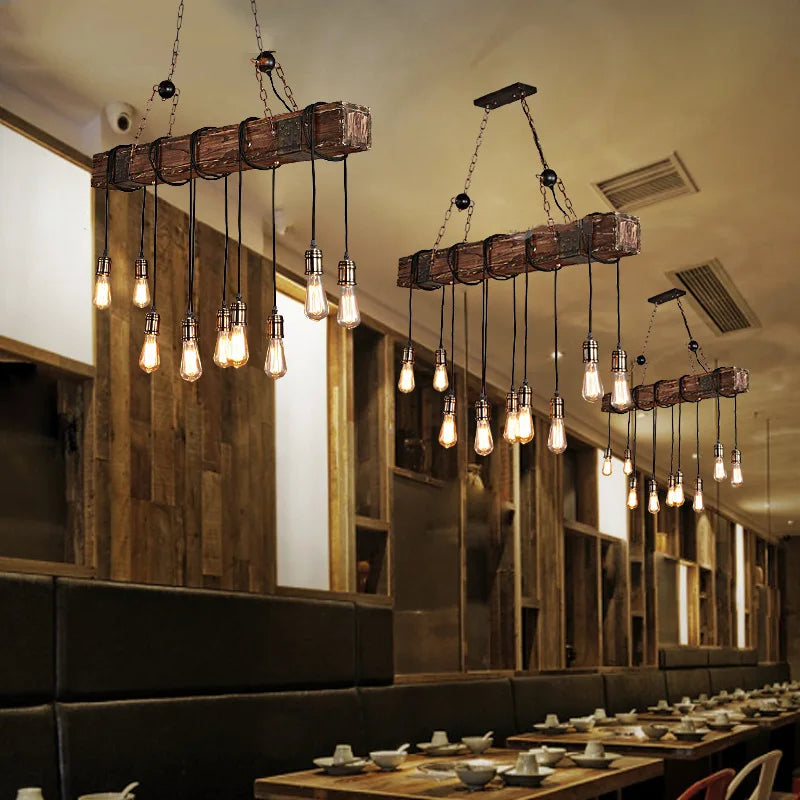 Afralia™ Vintage Wood E27 LED Ceiling Chandelier Luminaires
