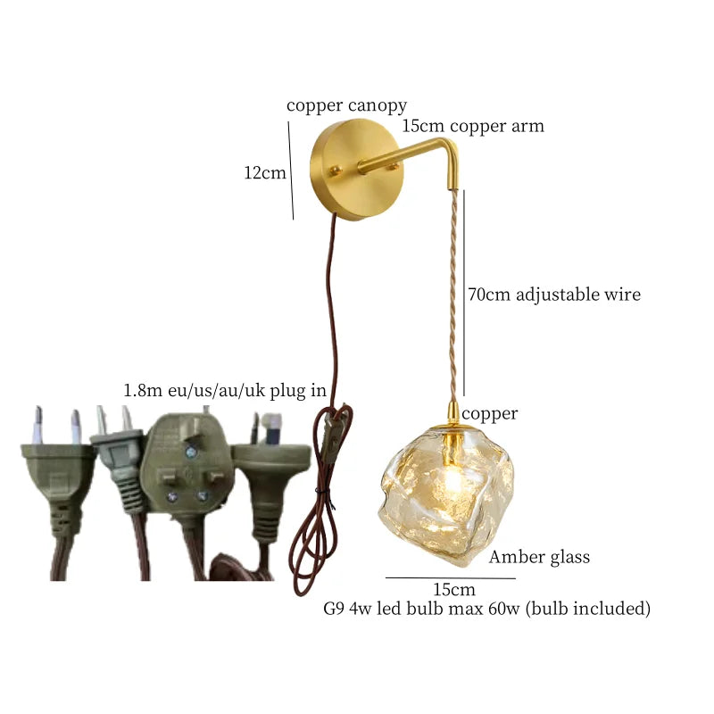 Afralia™ Lava Ice Glass LED Wall Sconce Brass Vintage Wandlamp