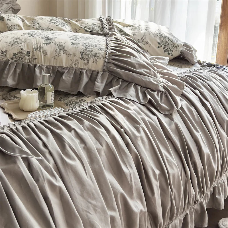 Afralia™ French Vintage Flowers Cotton Bedding Set with Lace Ruffles & Pleats