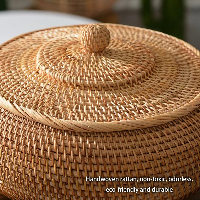 Afralia™ Handwoven Rattan Storage Box With Lid - Kitchen Food Container & Home Organizer