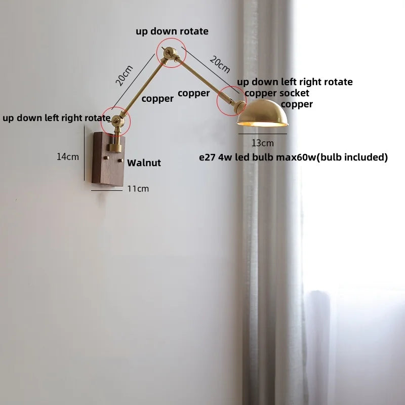Afralia™ Walnut Copper Swing Arm LED Wall Light Fixture for Nodic Home Decor