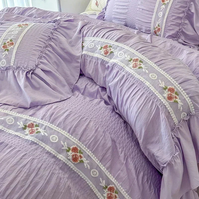 Afralia™ Romantic Lace Bubble Gauze Queen Bedding Set - Elegant Princess Style emb. Duvet Cover Set