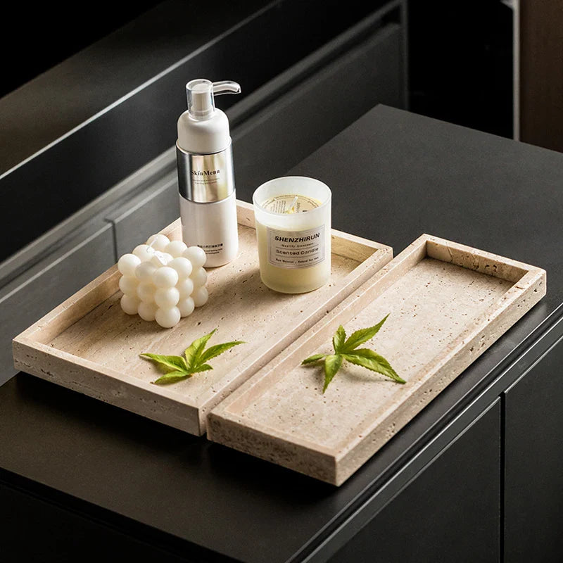 Afralia™ Travertine Bathroom Counter Tray for Soap Dispenser and Kitchen Sink Organizer