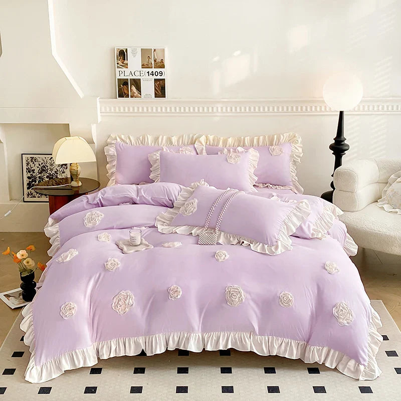 Afralia™ Pink Stereoscopic Bedding Set: Handwork Flowers Embroidery, Ruffle, Korean Style