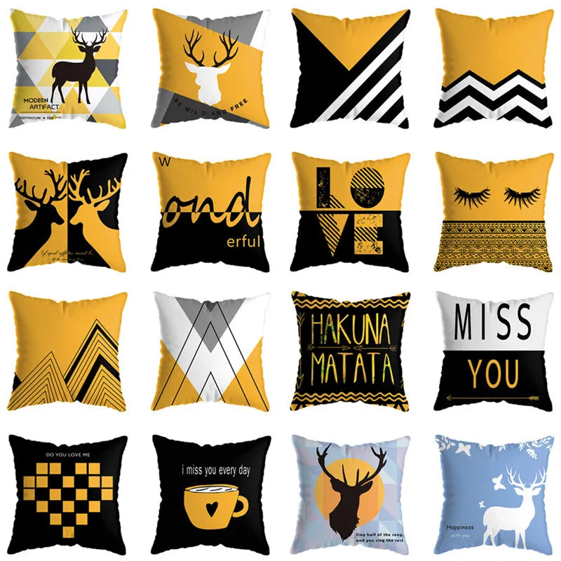Afralia™ Geometric Deer Print Pillowcase 45x45cm - Yellow Home Decor
