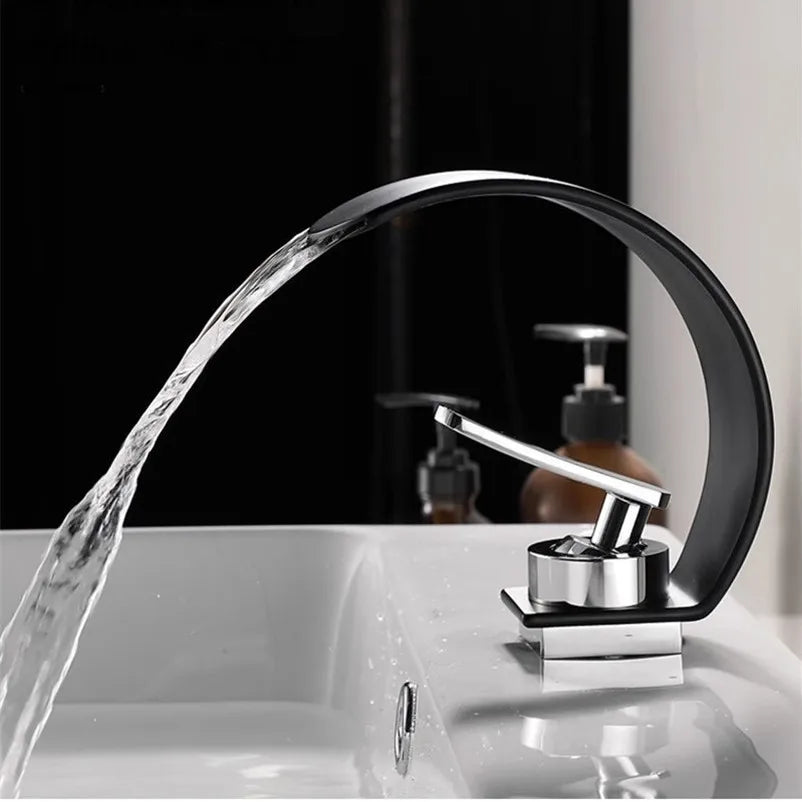 Afralia™ Waterfall Basin Faucet: Black & Chrome Brass Mixer Tap for Bathroom Sink