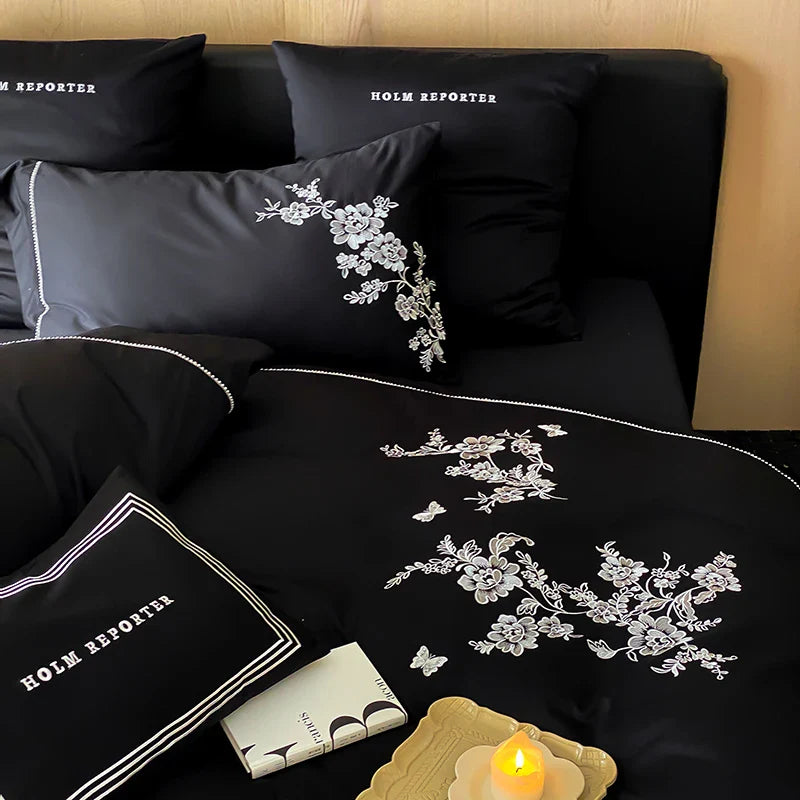 Afralia™ Egyptian Cotton Flowers Embroidery Bedding Set in Black, Red, and Khaki
