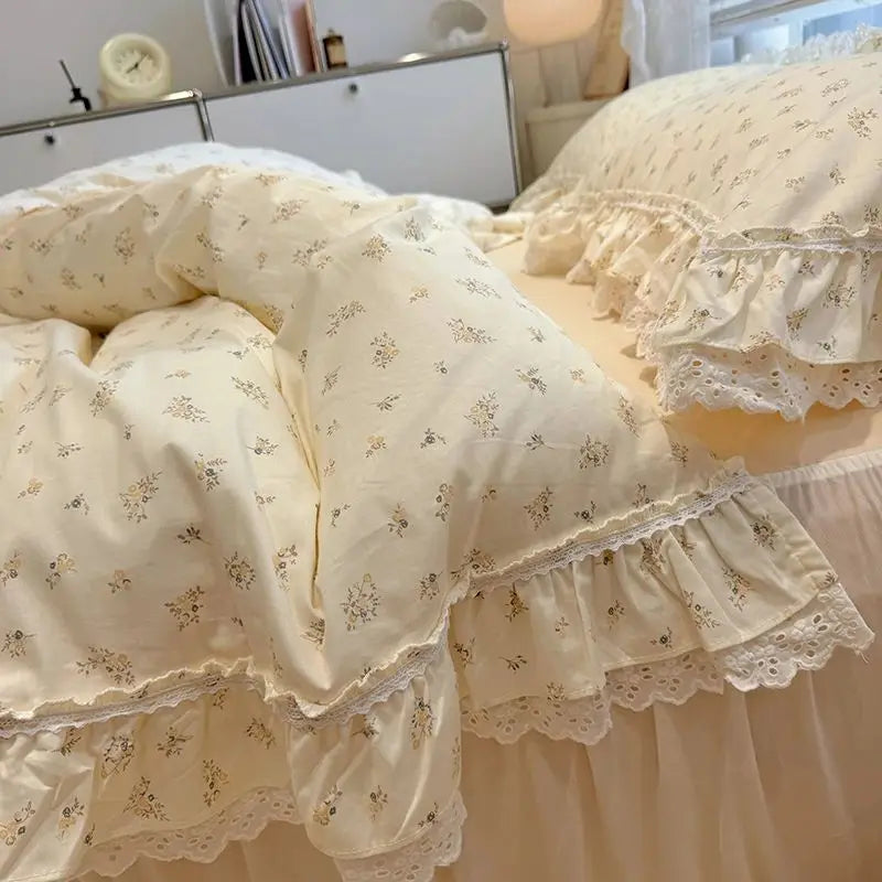 Afralia™ Princess Style Lace Ruffles Bedding Set - 100% Cotton, 3/4Pcs, Korean Design