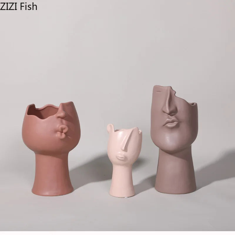 Afralia™ Abstract Face Ceramic Vase for Table Flowers Decoration