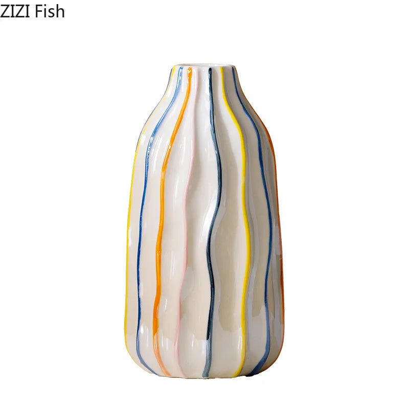 Afralia™ Striped Ceramic Vase for Table Decoration and Artificial Flower Arrangement