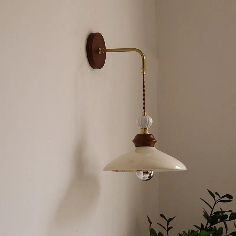 Afralia™ Ceramic LED Wall Light Copper Pull Chain Wood Base Modern Bedside Lamp