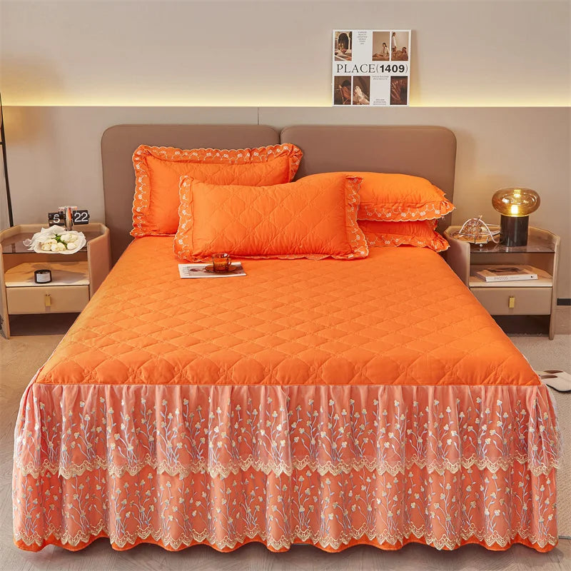 Afralia™ Cotton Lace Ruffles Quilted Bed Skirt Set with Pillowcases