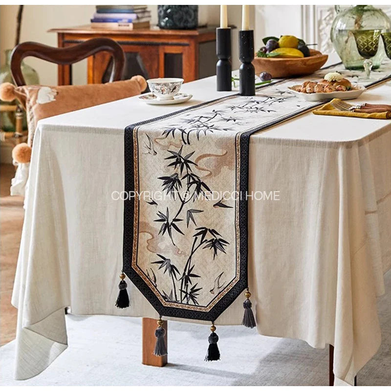 Afralia™ Bamboo Leaf Swallow Print Table Runner for Chinoiserie Chic Farmhouse Decor