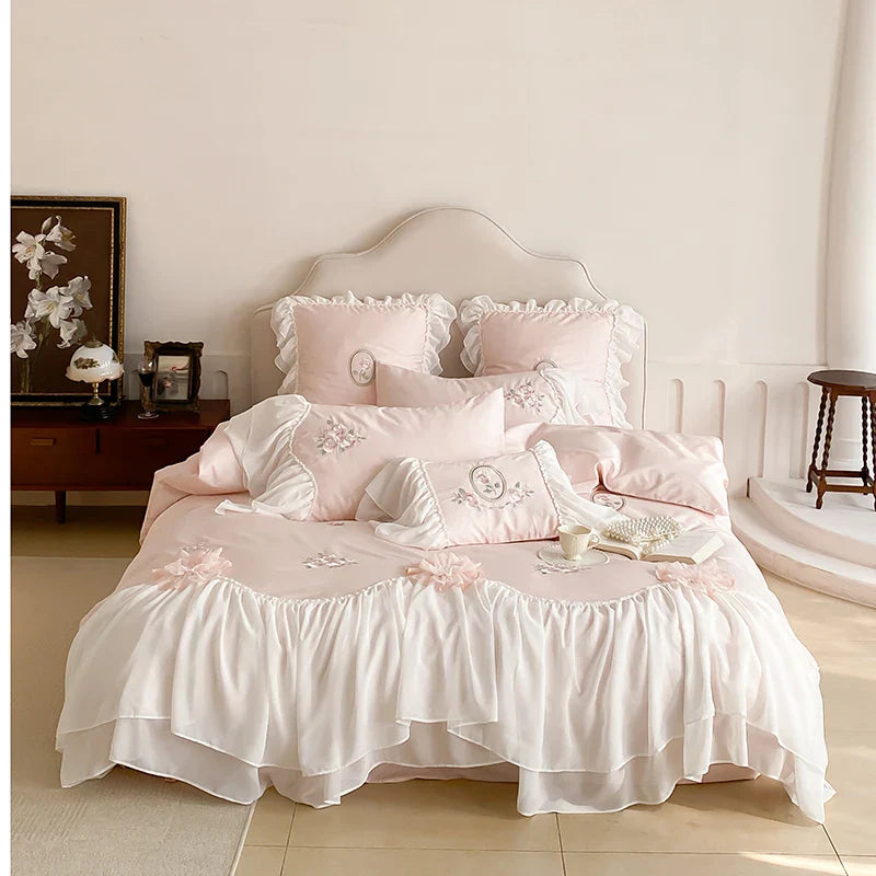 Afralia™ Lace Ruffles Flowers Embroidery 4Pc Egyptian Cotton Bedding Set