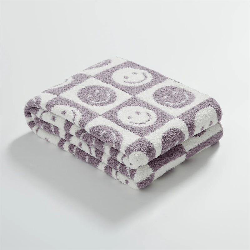 Afralia™ Knitted Checkboard Smile Face Design Fluffy Blanket - Spring Violet Pink Gray Blanket