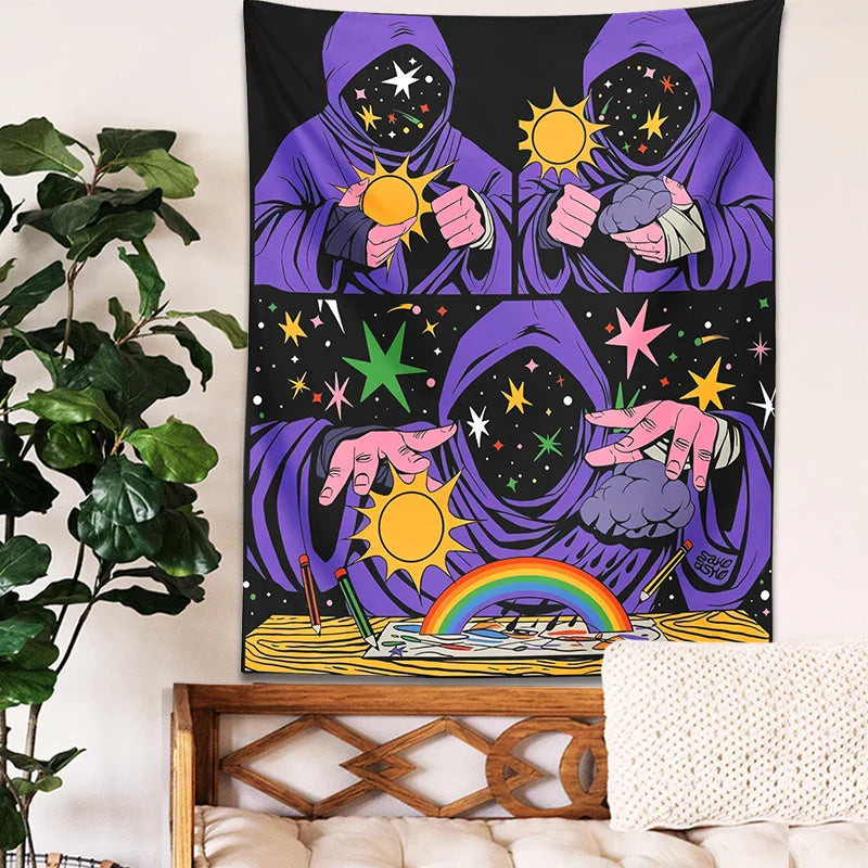 Afralia™ Mystical Sun Moon Star Sky Rainbow Tapestry Wall Hanging for Bohemian Home Decor