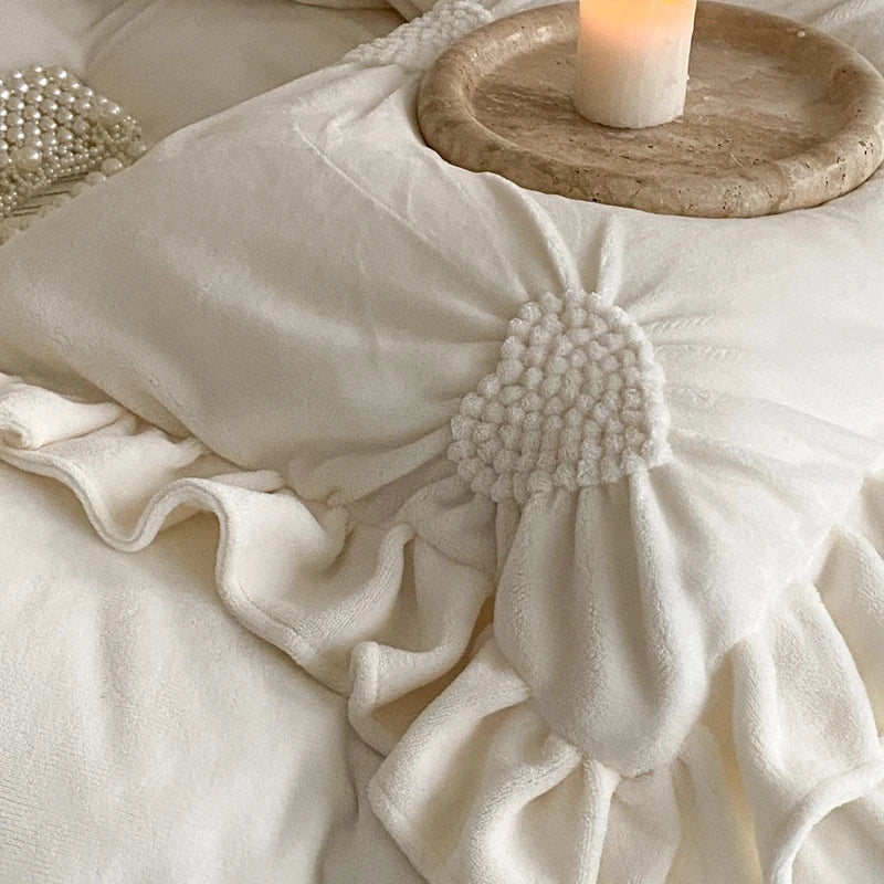 Afralia™ Velvet Ruffles Winter Bedding Set: Plush & Warm Heart Twisted Flowers Theme