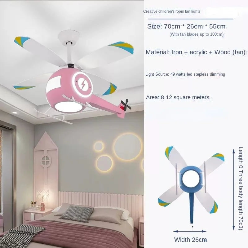Afralia™ Aircraft LED Ceiling Fan Light Remote Dimming Chandelier for Kids Bedroom