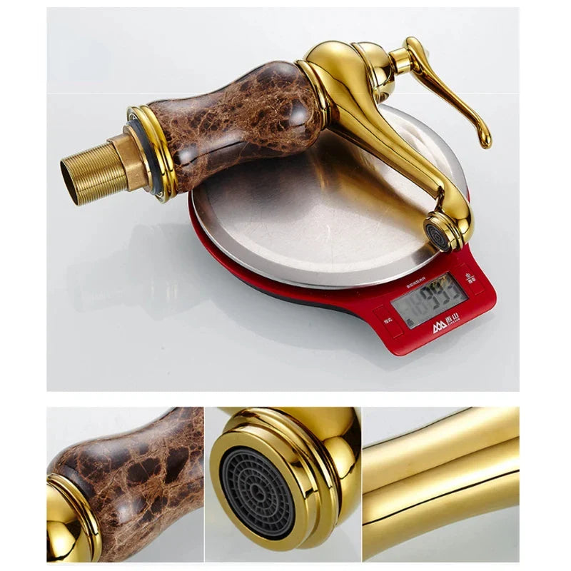 Afralia™ Golden Marble Bathroom Sink Faucet Hot Cold Water Mixer Deck Mounted Gold Tap