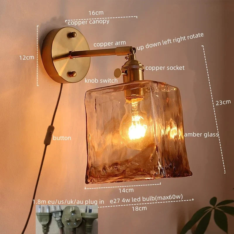 Afralia™ Japanese Style LED Wall Lamps Living Room Coffee Balcony Stair Light Copper Glass