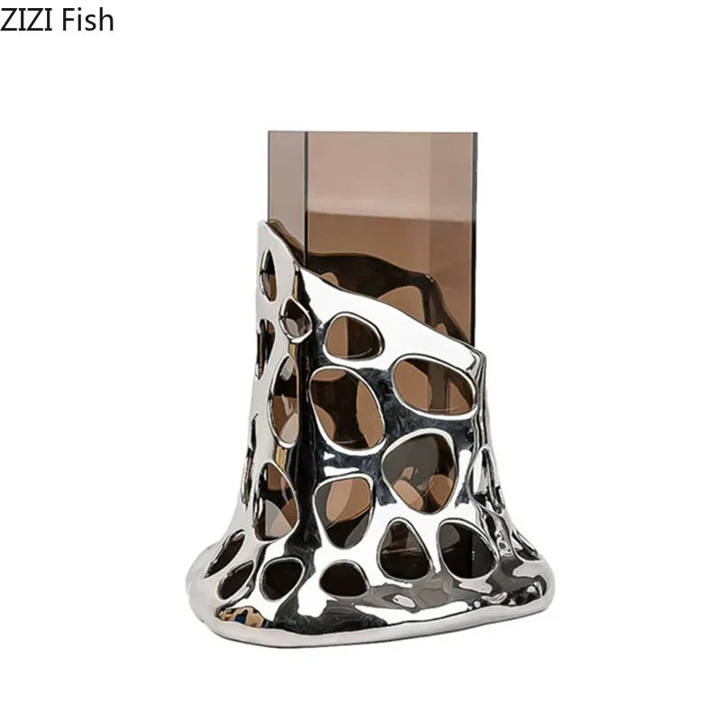 Afralia™ Gold Plated Hollowed Vase for Desk Decoration and Floral Arrangement