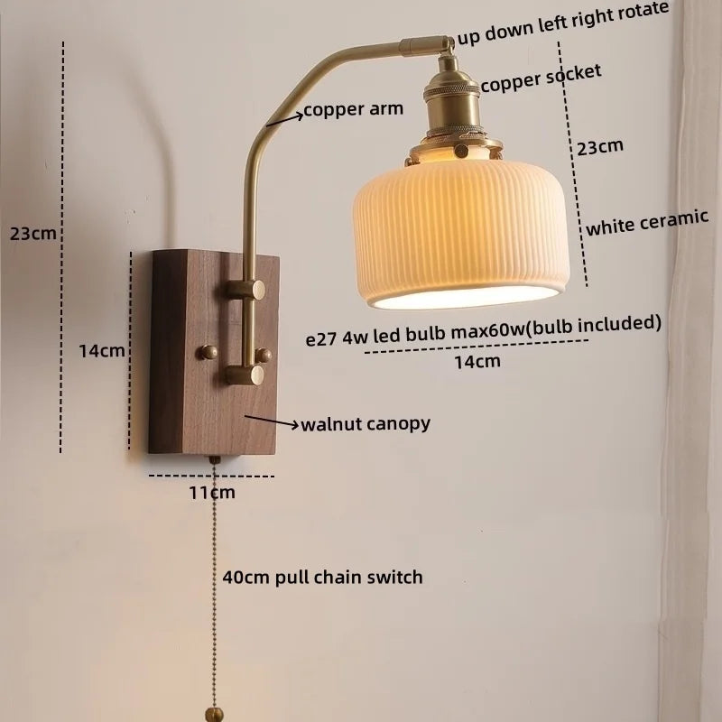 Afralia™ Copper Glass LED Wall Lights Pull Chain Switch Bedside Lamp for Bedroom Living Room