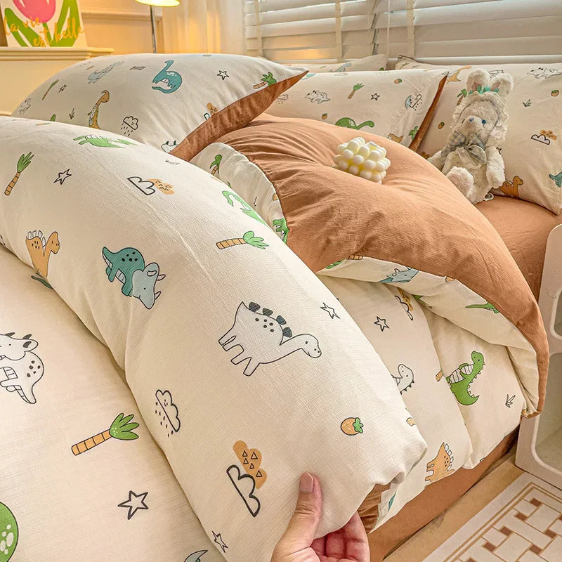 Afralia™ Cartoon Pattern Cotton Bedding Set with Double-Layer Quilt Cover & Super Soft Bedsheet