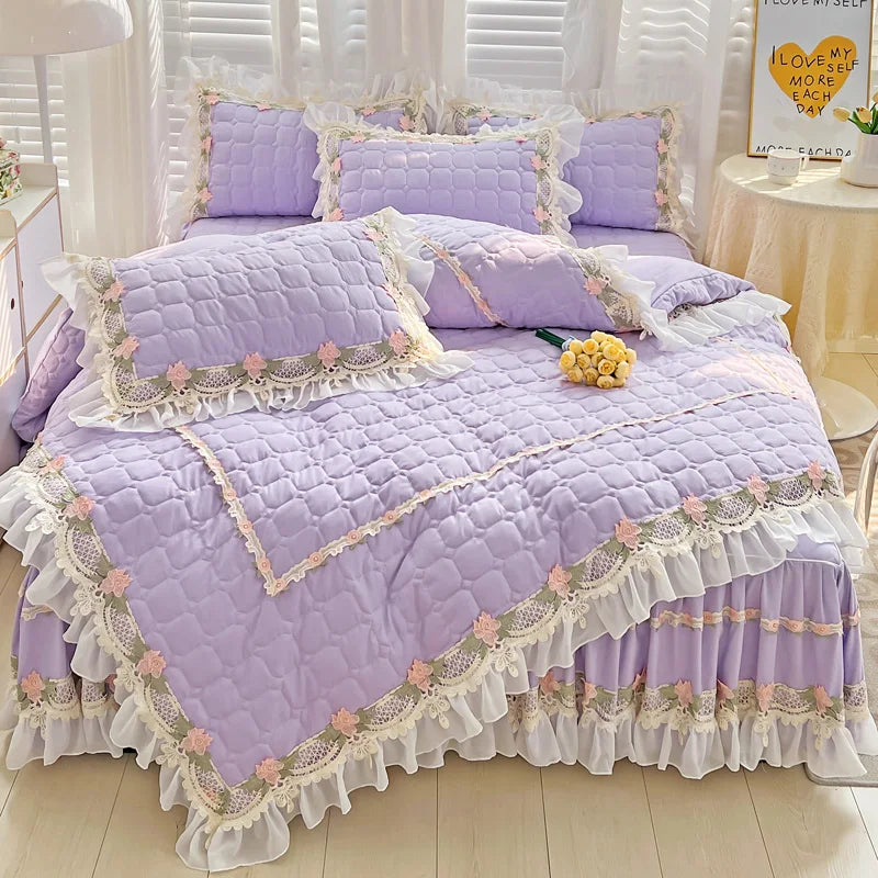 Afralia™ Korean Princess Bedding Set: Flowers, Lace, Ruffles, Embroidery, Quilted, Duvet Cover, Bedspread