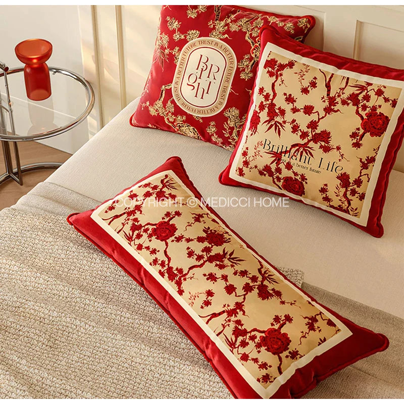 Afralia™ Luxe Velvet Retro Red Floral Print Lumbar Pillowcase 30x70cm