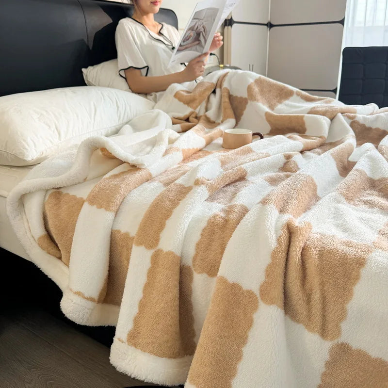 Afralia™ Velvet Checkerboard Blanket - Double Layered Thick Coral Fleece Sofa Cover