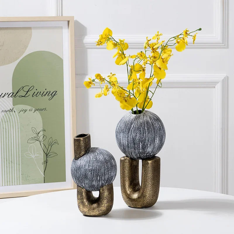 Afralia™ Golden Stripe Geometric Ceramic Vase - Abstract Floral Arrangement Home Decor