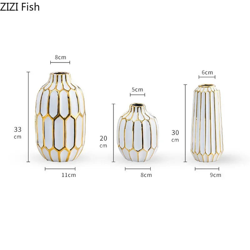 Afralia™ White Gilt Stripes Ceramic Vase - Modern Home Decor & Office Craft