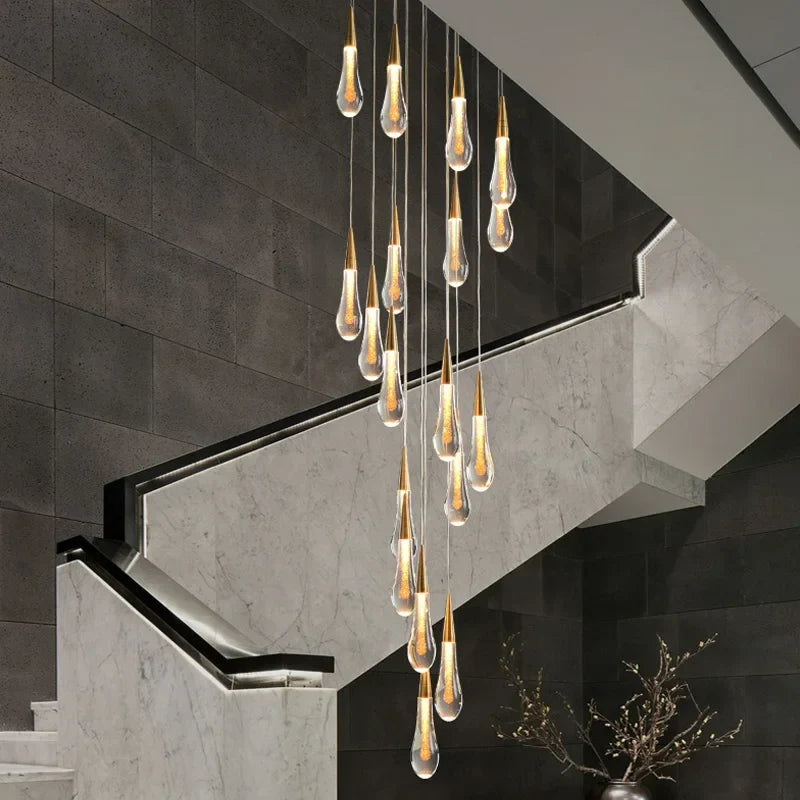 Afralia™ Gold Drop Design LED Crystal Chandelier for Staircase & Lobby