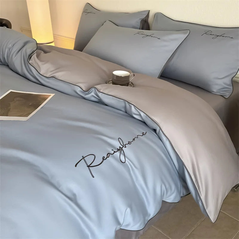 Afralia™ Pure Cotton Luxury Embroidery Bedding Set - Nordic Solid Color Duvet Bedclothes