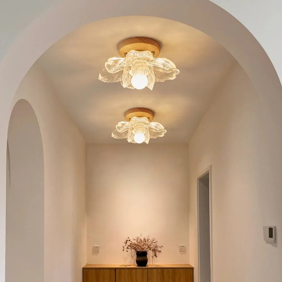 Afralia™ Flower Acrylic LED Ceiling Lamp, Wood Base, Japan Style Living Room Light