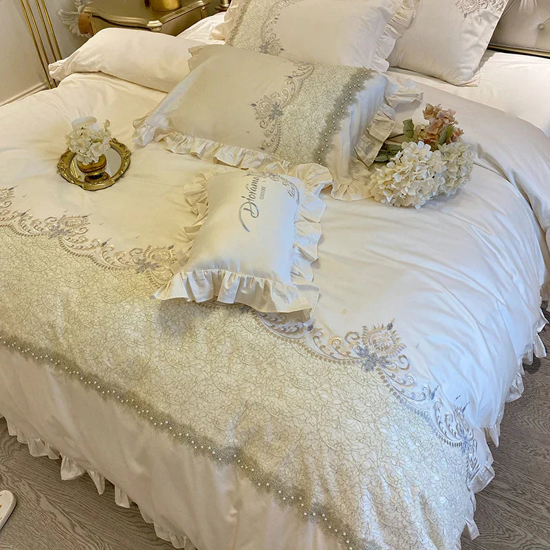 Afralia™ Embroidered Ruffles Beads Bedding Set with Egyptian Cotton Duvet Cover