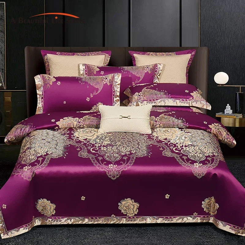 Afralia™ Luxe Purple European Jacquard Cotton Bedding Set: Duvet Cover, Sheet, Pillowcase