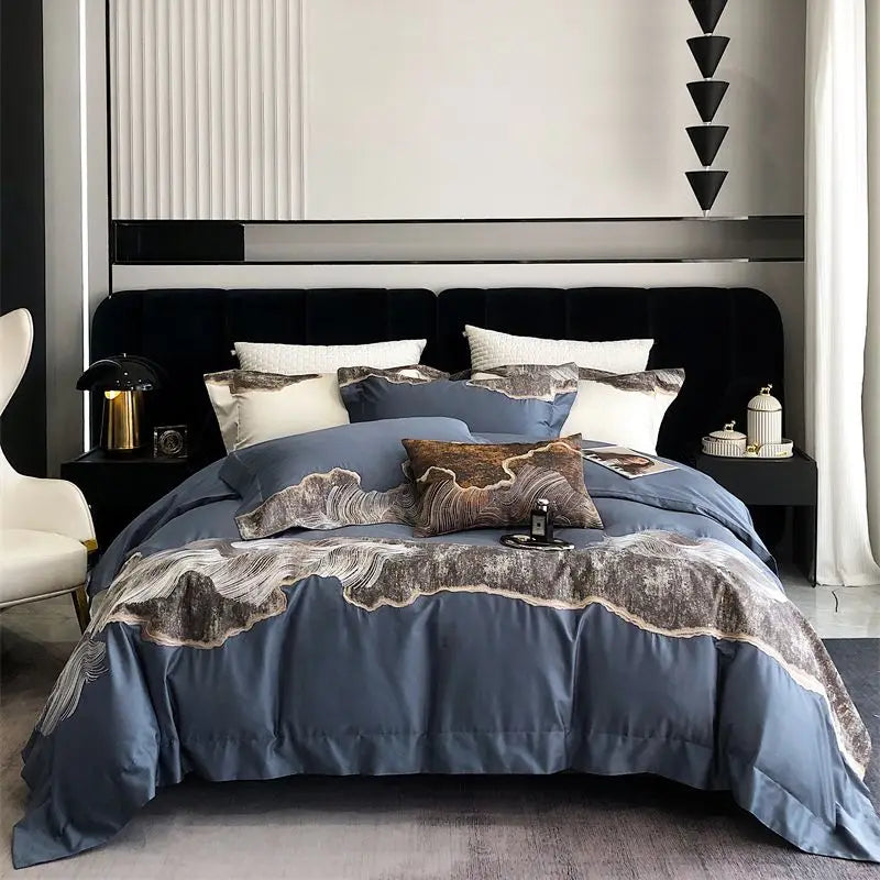 Afralia™ Luxury Egyptian Cotton Bedding Set in Blue/Grey, 1200TC, Embroidered Modern Art