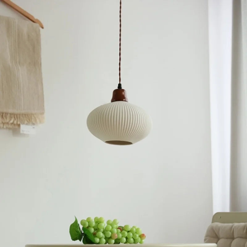 Afralia™ Nordic LED Pendant Light White Ceramic Walnut Wood Hanging Lamp