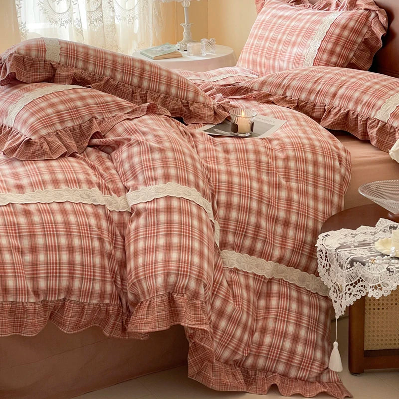 Afralia™ Plaid French Pastoral Cotton Bedding Set Full Queen King Size