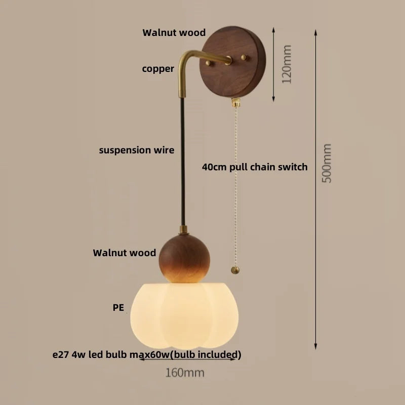 Afralia™ Walnut Wood LED Wall Lamp Sconce Pull Chain Switch Adjustable Art Light