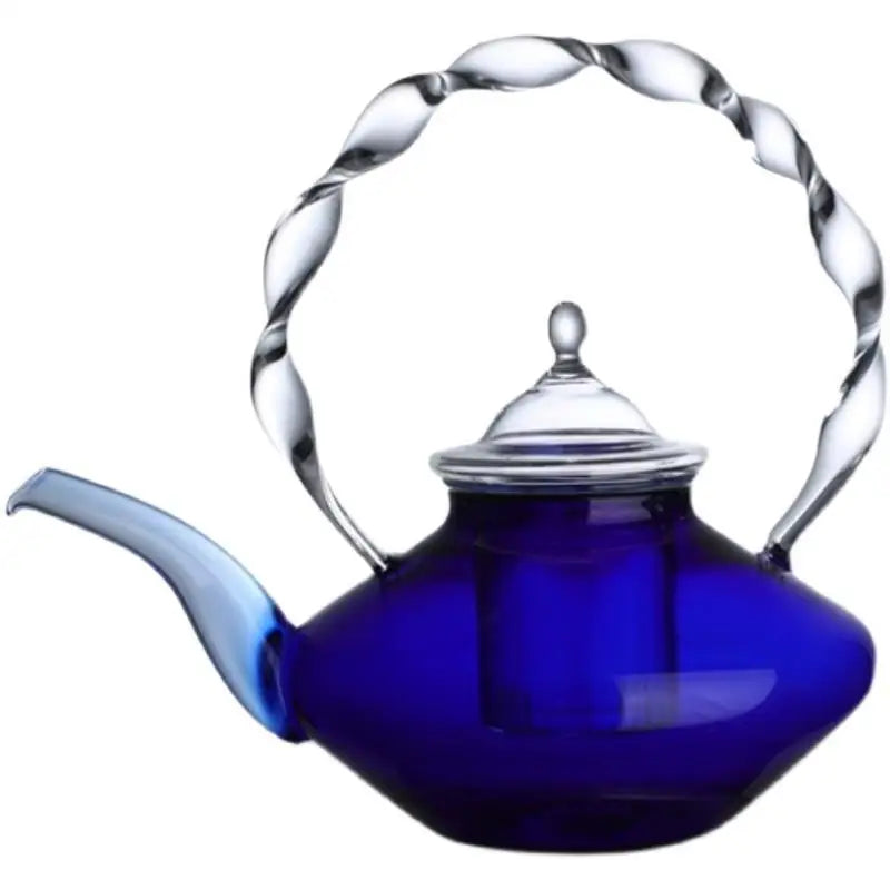 Afralia™ Blue Glass Teapot - Japanese Style Heat-Resistant Twisted Handle Glass Teapot
