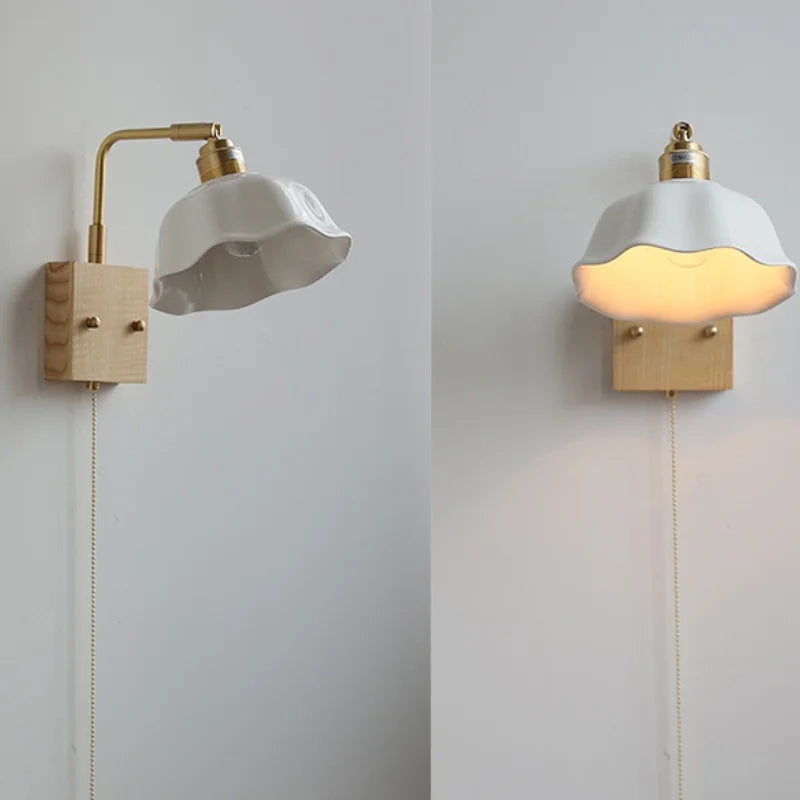 Afralia™ Nordic LED Wall Light with Pull Chain Switch, Rotatable Design in Walnut Copper & Ceramic