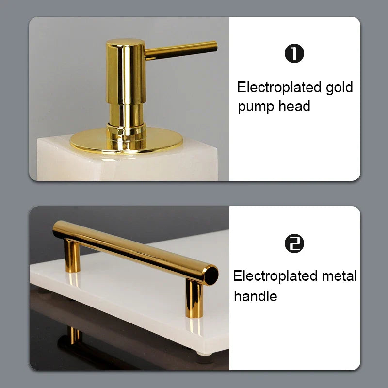 Afralia™ White Onyx Marble Bathroom Set Gold Luxury Soap Dispenser Toothbrush Holder