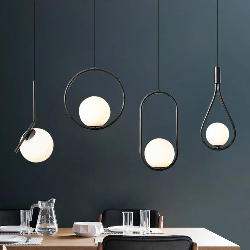 Afralia™ Black Metal Ring Pendant Lights Glass Ball LED Lighting Fixture