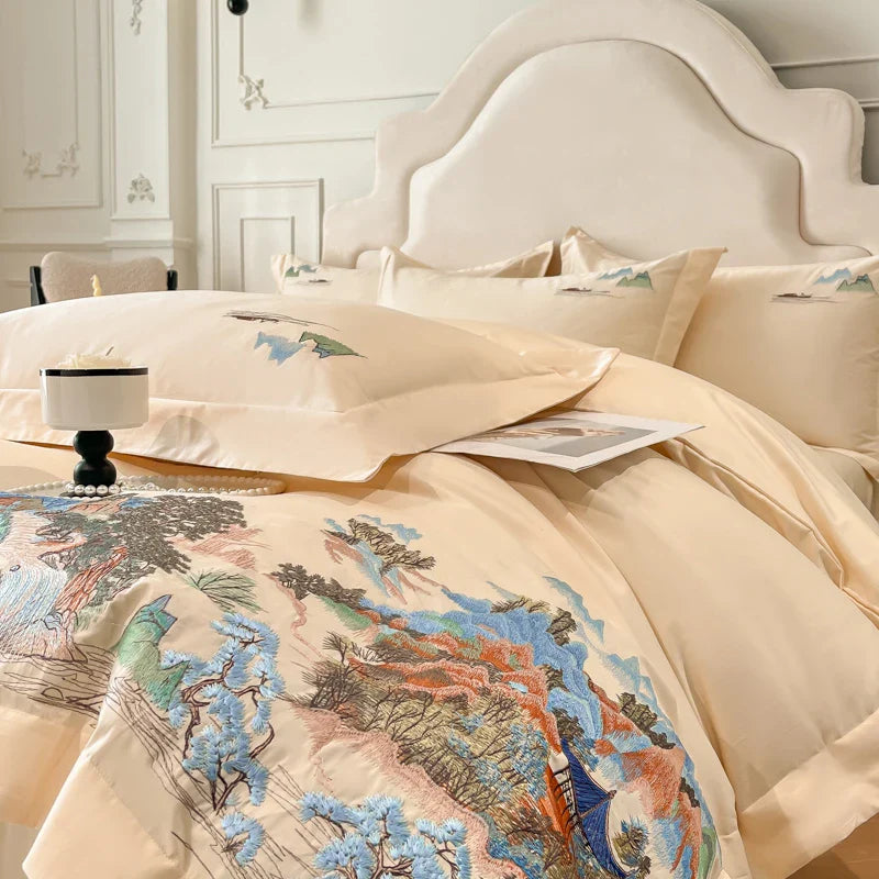 Afralia™ Mountain River Landscape Embroidery Bedding Set - Duvet Cover, Bed Sheet, Pillowcases